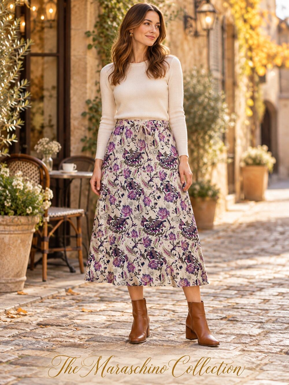 Christopher & Banks Linen Blend Floral Midi Skirt Cottagecore Boho Lilac Small